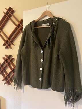 Willow Olive Fringe Abalone Shell Button-Front Women’s Sweater cotton Cardigan